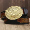 Men's leather belt with golden eagle buckle and embossed western strap for casual wear. - Gold Buckle Black Strap / 120cm