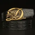 Men's black leather belt with gold crocodile buckle, stylish automatic dress belt option. - 120cm / Black American Alligator Dual Crocodile Bronze Buckle