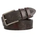 Men's embossed brown leather belt with metal pin buckle vintage casual jean belt for daily wear. - Coffee Dragon Pattern