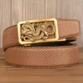 Retro Dragon Automatic Buckle Men Leather Belt Embossed Crocodile Pattern Casual Business - Brown Snakeskin Pattern Square Coiled Dragon Gold Buckle