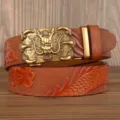 Men's leather belt with 3D dragon metal buckle automatic retro embossed cowhide strap. - Large Dragon Pattern Khaki Claw Dragon Gold Buckle