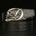 Men's Black Leather Belt with Metal Crocodile Buckle Automatic Dress Pants Belt. - Black American Alligator Dual Crocodile Silver Buckle