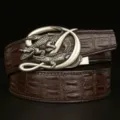 Men's leather belt with crocodile automatic buckle, brown casual business trouser belt. - Coffee French Crocodile Dual Crocodile Silver Buckle