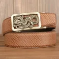 Men retro dragon automatic buckle belt cowhide crocodile pattern casual pants strap - Brown Snakeskin Pattern Square Coiled Dragon Silver Buckle