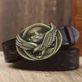 Men's vintage cowhide leather belt with detailed eagle buckle and embossed strap design. - Bronze Buckle Brown Strap / 120cm