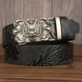 Men cowhide leather belt with dragon automatic buckle vintage casual waist belt for men. - Black Dragon Pattern Silver Buckle