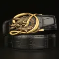 Men's leather belt with stylish crocodile metal automatic buckle, premium soft cowhide strap. - Black Crocodile Belly Pattern Dual Crocodile Bronze Buckle