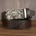 Men's genuine leather belt featuring a metallic dragon buckle and stylish embossed pattern for men. - Coffee Dragon Pattern Silver Buckle