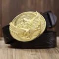 Men's Fashion Genuine Leather Belt with Gold Eagle Buckle Casual Vintage Embossed Strap - Gold Buckle Brown Strap / 120cm