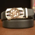 Men's genuine cowhide leather belt with stylish rotary golden automatic metal buckle design. - 110cm / Black Gold Clasp