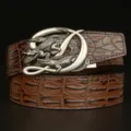 Stylish mens brown leather belt with unique crocodile metal buckle automatic casual style - Coffee American Alligator Dual Crocodile Silver Buckle