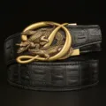 Men's automatic leather belt with gold crocodile buckle and black embossed cowhide strap. - Black French Crocodile Dual Crocodile Bronze Buckle
