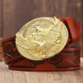 Men leather belt with gold eagle buckle casual vintage embossed cowhide belt for men fashion - Gold Buckle Orange Strap