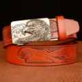Men genuine leather belt with eagle metal automatic buckle embossed western style jean strap - 120cm / Khaki Eagle Silver Buckle