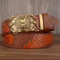 Men's leather belt with dragon buckle automatic business casual genuine cowhide belt. - 120cm / Earth Yellow Dragon Pattern Gold Buckle