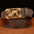Men leather automatic buckle belt with vintage dragon embossed strap and metal buckle style - Large Dragon Coffee Gold Buckle