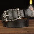 Schwarzer Damen Ledergürtel aus Rindsleder mit Vintage Metallschnalle und floraler Prägung. - Stil 3 / Schwarz