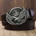 Men's vintage cowhide leather belt with detailed 3D metal eagle buckle, casual western style accessory. - Black Buckle Brown Strap