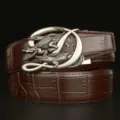 Men's genuine leather belt with crocodile pattern and stylish automatic metal buckle for men - Coffee Crocodile Belly Pattern Dual Crocodile Silver Buckle