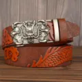 Men's retro brown leather automatic buckle belt with embossed dragon scale and metal dragon head. - 120cm / Earth Yellow Dragon Pattern Silver Buckle
