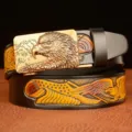 Men casual genuine leather belt with metal eagle automatic buckle and embossed strap. - 120cm / Black Eagle Gold Buckle