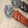 Men leather belt casual metal eagle buckle cowhide vintage strap brown black fashion accessory - Black Buckle Orange Strap