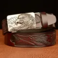 Men's genuine leather belt featuring a detailed metal eagle buckle and stylish embossed strap. - 120cm / Brown Eagle Silver Buckle