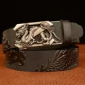 Men's automatic buckle leather belt with embossed dragon pattern and metal dragon buckle. - 120cm / Large Dragon Black Silver Buckle