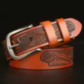 Men's embossed full grain leather belt with eagle pattern and pin buckle casual jeans. - 120cm / Earthy Yellow