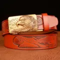 Men's genuine leather belt with metallic eagle head automatic buckle and embossed eagle strap. - Khaki Eagle Gold Buckle