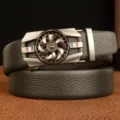 Men's genuine cowhide leather belt with stylish rotating automatic buckle casual business. - 110cm / Black with Black Clasp