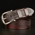Men's vintage embossed leather belt with eagle pattern and stylish metal pin buckle for jeans. - 120cm / Coffee