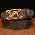 Mens leather belt with metallic dragon buckle and embossed cloud pattern strap stylish accessory - 120cm / Large Dragon Black Gold Buckle