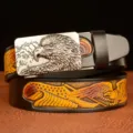 Men's leather belt with metal eagle head buckle, embossed vintage eagle strap for jeans. - Black Eagle Silver Buckle