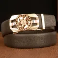 Men's genuine cowhide leather belt with stylish rotary automatic buckle, casual and business style. - 110cm / Coffee With Gold Buckle
