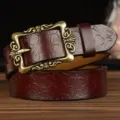 Damen Rindsleder Gürtel mit geprägtem Blumenmuster und dekorativer Metallschnalle für Jeans. - Stil 1 / Braun
