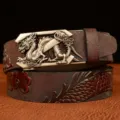Men's genuine leather automatic buckle belt featuring intricate embossed dragon and cloud patterns. - 120cm / Large Dragon Coffee Silver Buckle