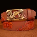 Men's embossed dragon leather belt, vintage metal automatic buckle, ethnic style cowhide belt. - 120cm / Large Dragon Khaki Gold Buckle