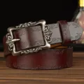 Γυναικεία δερμάτινη ζώνη σε σκούρο κόκκινο με ανάγλυφο σχέδιο και ασημί αγκράφα vintage. - Στυλ 3 / Καφέ