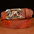 Men's genuine leather belt featuring a metallic dragon buckle and vintage embossed scale pattern. - Large Dragon Khaki Silver Buckle