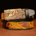 Men's automatic buckle leather belt with vintage eagle embossed metal buckle and stylish design. - Black Eagle Pattern Square Eagle Head Gold Buckle