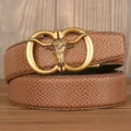 Mens brown genuine leather belt with snake print and vintage bull head automatic buckle. - Brown Snake Pattern Bull Head Gold Buckle