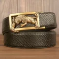 Men's black snake pattern leather belt with retro tiger automatic metal buckle for casual wear - Black Snake Skin Pattern Gold Buckle