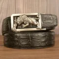 Men's black leather belt with a cool 3D tiger automatic buckle, retro style daily wear. - Black Crocodile Pattern Silver Buckle