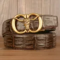 Men's brown genuine leather automatic buckle belt featuring vintage bull head metal design. - Coffee Crocodile Pattern Bull Head Gold Buckle