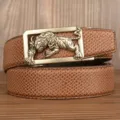 Men vintage leather belt with fierce tiger metal automatic buckle, stylish cowhide pants strap. - Brown Snake Skin Pattern Silver Buckle