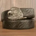 Men's retro black leather belt featuring a detailed metal eagle head automatic buckle. - Black Crocodile Claw Pattern Eagle Head Silver Buckle