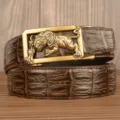 Men's retro automatic buckle leather belt with a stylish metallic tiger design and crocodile texture. - Brown Crocodile Pattern Gold Buckle