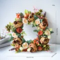 Artificial peony rose flower wreath for front door decor, autumn wedding floral arrangement. - Style B