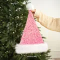 Pink sequin Christmas hat with plush white trim, festive holiday party costume accessory. - Pink Sequin Long Plush